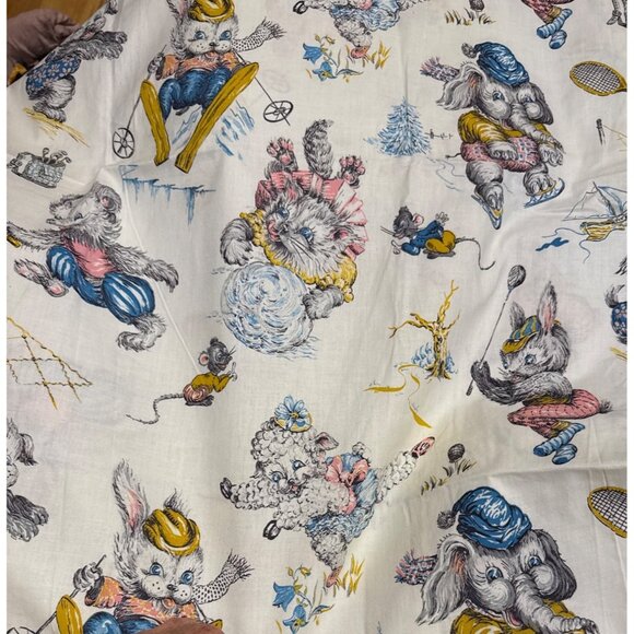 Vintage Childrens Fabric With Playful Animal Sports Prints 36" Width Cotton Mate - Picture 1 of 11